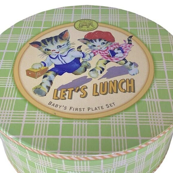 Michel Design Works Baby’s First Plate Set Feeding Boxed Plaid Set Green White - Picture 7 of 16